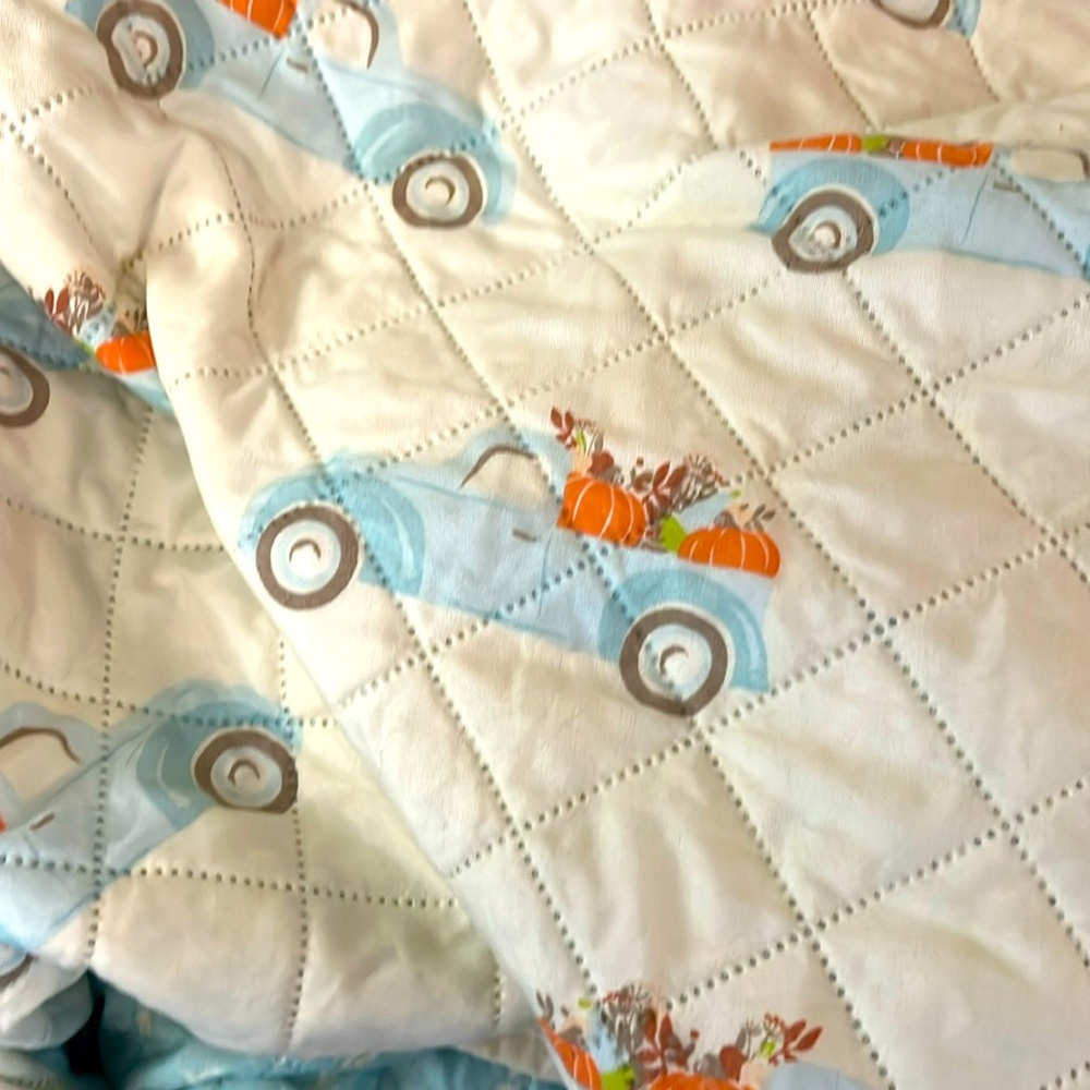 King size Quilt with pumpkins and trucks blue beige light orange